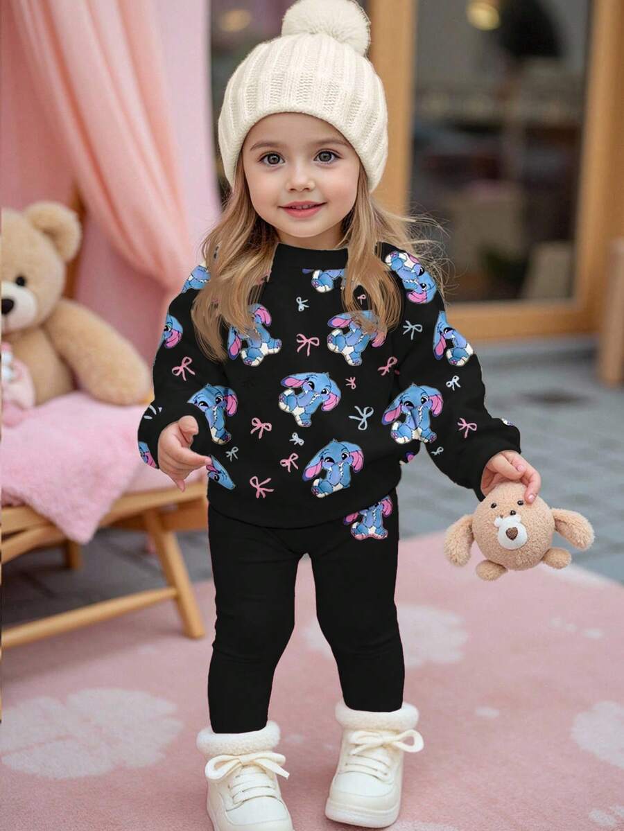 2pcs Baby Girls Casual Soft Thick Crew Neck Long Sleeve Sweatshirt & Leggings Set, Black Cute Cartoon Blue Rabbit, Bow, Stitch Pattern, Suitable For Autumn & Winter - Multicolor - View 1