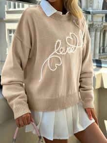 EURMUSE Casual Contrast Color Love And Heart Shape Pattern Embroidery Crew Neck Cute Sweater - Beige - View 5