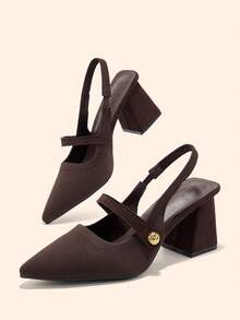 CUCCOO BASICS Women's Fashion Fabric Backstrap Chunky Heel Pointed Toe PU Leather Commuting Slingback Shoes, Suitable For Dates, Parties, And Vacations For Christmas Spring Shoes - Coffee Brown - View 3