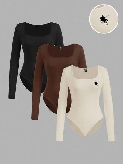 SHEIN EZwear 3 Peças Conjunto de Bodysuit de Manga Longa com Decote Quadrado para Mulheres