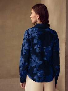 MOTF PREMIUM 黑色丝带刺绣优雅修身女士衬衫，百搭 - 藍色 - 查看 4