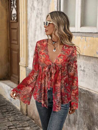 Brillora Paisley Print Mesh Long Sleeve Tie Front Asymmetric Hem Women Top