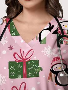 PopScrub Plus Size Women Christmas Penguin & Gift Print V-Neck Short Sleeve Scrub Uniform Top - Multicolor - View 4