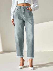 CLARA VERO High Waist Folded Hem Loose Mom Jean - Baby Blue - View 3
