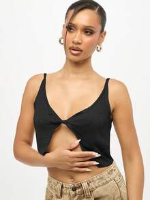 SUMWON WOMEN Sleeveless V Neck Crop Top With Twist Detail For Summer Casual Outfits - Black - View 5