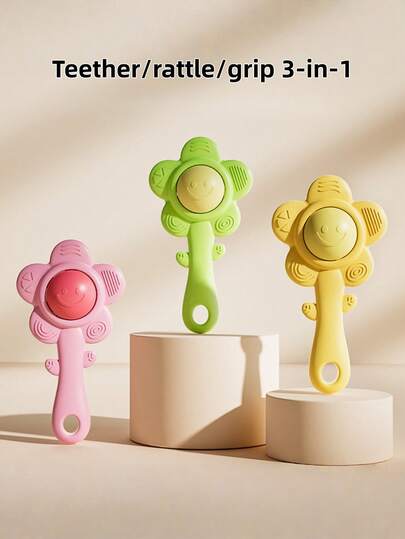 3-In-1 Teething Rattle Sensory Toy Chewable Texture Gripping Sound Features Early Learning Development Holiday Birthday Gift For Newborns