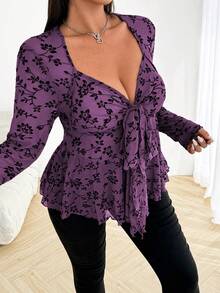 Vibekara Plus Size Women Bowknot Strap Ruched Mesh Flocked A-Line Party Occasion Top - Purple - View 4