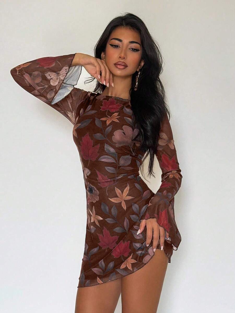 EgrlEra Váy ngắn tối giản cổ điển gợi cảm in họa tiết dành cho nữ - màu nâu - Xem 1