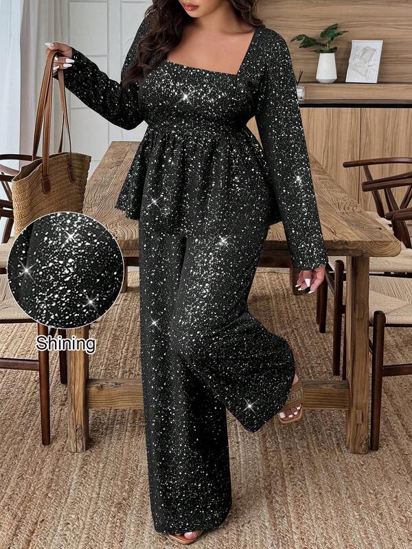 Weeklong 2-częściowy zestaw bluzki i spodni w dużym rozmiarze z kwadratowym dekoltem i falbanką u dołu, z nadrukiem foliowym