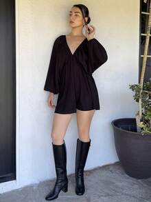 Andrea Bello Plunging Neck Lantern Sleeve Smock Dress - Black - View 3