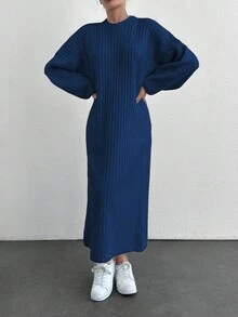 EURMUSE 女士纯色圆领长袖简约长裙，休闲日常穿着 - 寶藍色 - 查看 3
