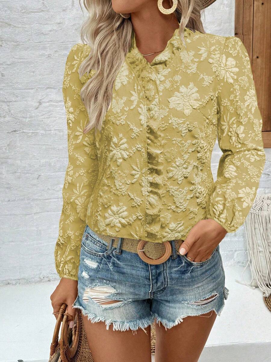 Elenzga Elegant Daily V-Neck Ruffle Puff Sleeve Textured Women Blouse - Yellow - View 1