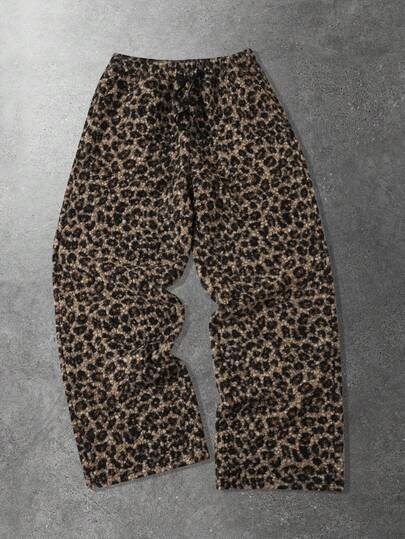 Street Life Men's Drawstring Waist Leopard Print Loose Fluffy Pants