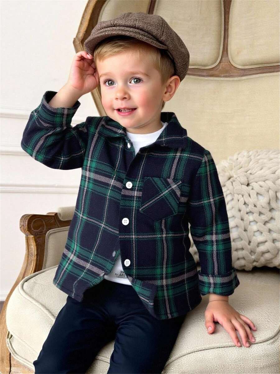 Áo sơ mi kẻ caro cổ bẻ màu xanh lá cây cho bé trai, thích hợp cho tiệc Giáng sinh, lót dày giữ nhiệt cho mùa đông - màu xanh lá - Xem 1