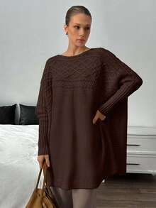 EURMUSE Women Drop Shoulder Cable Rib Knit Sweater Pullover - Chocolate Brown - View 2