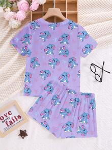 2pcs/Set Tween Girls' Casual Cute Cartoon Lulu Rabbit & Stitch Bow Graphic Round Neck Short Sleeve T-Shirt And Shorts Pajama Set, Suitable For Summer - Multicolor - View 2