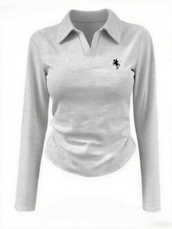 INAWLY 女款骑士印花长袖褶皱休闲T恤