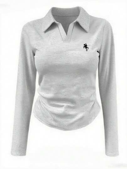 INAWLY Women's Knight Print Collared Long Sleeve Pleated Casual T-Shirt Fall Cloth For Women