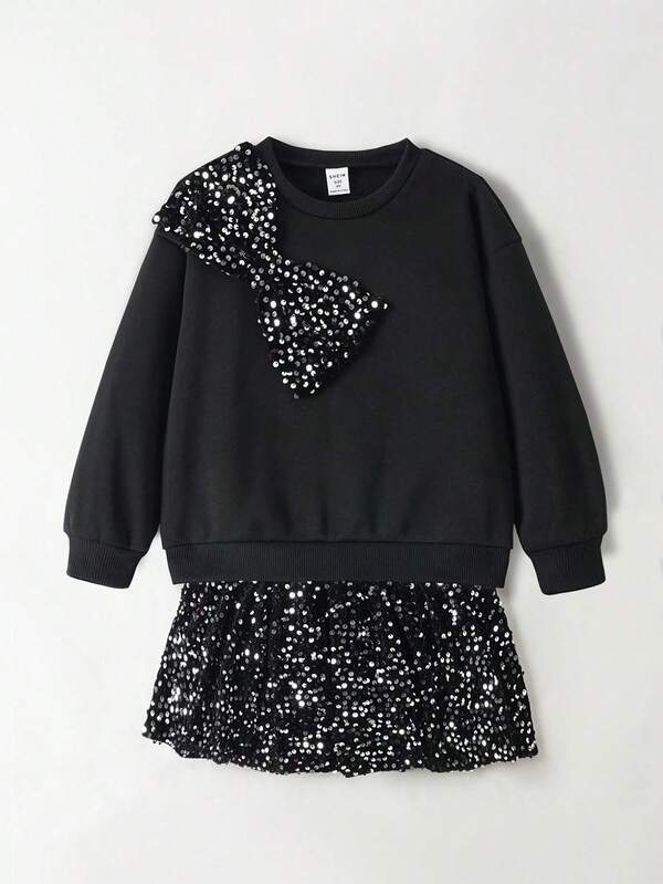 Maija Kids Young Girl Fashion Simple Versatile Basic Black Crew Neck Sweatshirt With Shiny Bow Decor, Loose Pleated A-Line Sequin Mini Skirt, Casual Homewear & Outdoor Party Set
