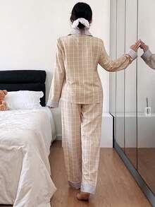 Women's Casual Plaid Print Cardigan Long Sleeve Pajama Set, Autumn/Winter Fall Clothes - Multicolor - View 2