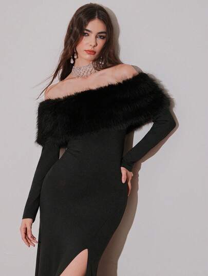 Poshira فستان أنيق للنساء بلون أحادي مع قصة الكتف المكشوفة وأكمام طويلة وشق جانبي في الذيل