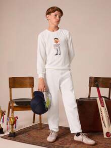 SHEIN 2pcs Tween Boys' Elegant Collegiate Casual Urban Dog Graphic White Rib Knit Long Sleeve Top & Pants Set,Suitable For School,Back-To-School,Autumn - White - View 4