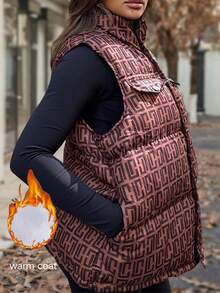 Calvaya Plus Size Women Sleeveless Printed Padded Vest - Brown - View 1