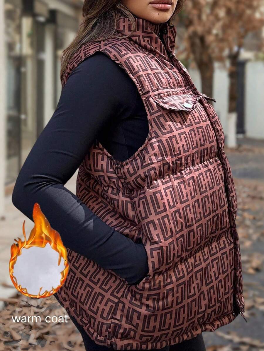 Calvaya Plus Size Women Sleeveless Printed Padded Vest - Brown - View 1