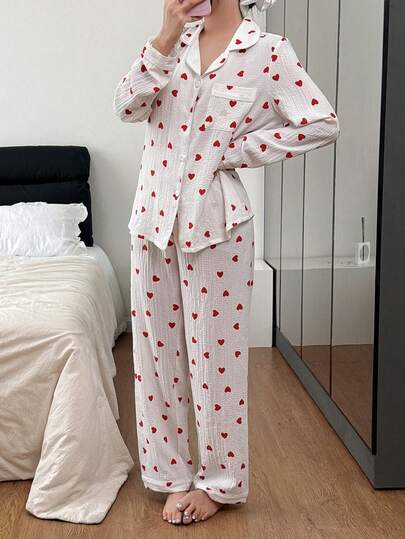 Bubble Crinkle Heart Print Loungewear Set, Indoor Outdoor Wear Zachte Pyjama Set Pajama Fall Clothes view 4