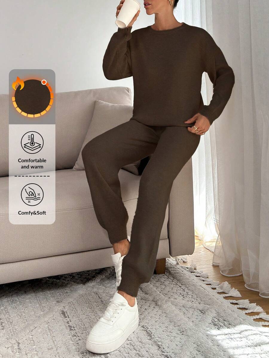 EURMUSE WOMEN SOFT TOUCH SWEATER AND SWEATER PANT TWO PİECE OUTFİT CO-ORDS COOL - Chocolate Brown - View 1