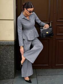 Siren Gaze 2 piezas Conjunto de traje de lana en tono gris Traje de oficina elegante con blazer que define la cintura y pantalones, Conjunto de atuendos de oficina para mujer, Atuendos casuales de negocios, Conjunto de 2 piezas, Traje de mujer de 2 piezas, Ropa de otoño e invierno elegante para mujer