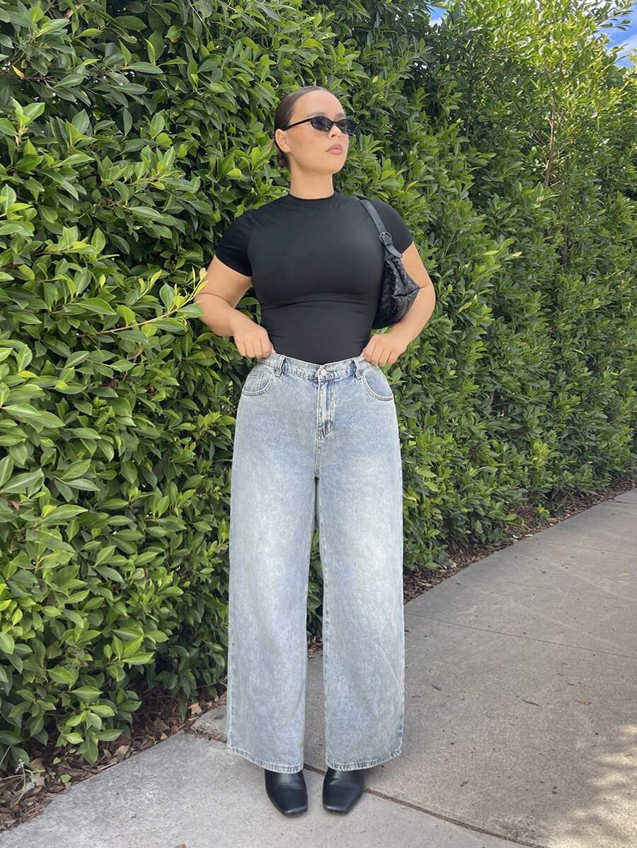 Nezia Cruz MOD Plus Size Patch Pocket Casual Versatile Loose Wide Leg Baggy Jeans - Medium Wash - View 1