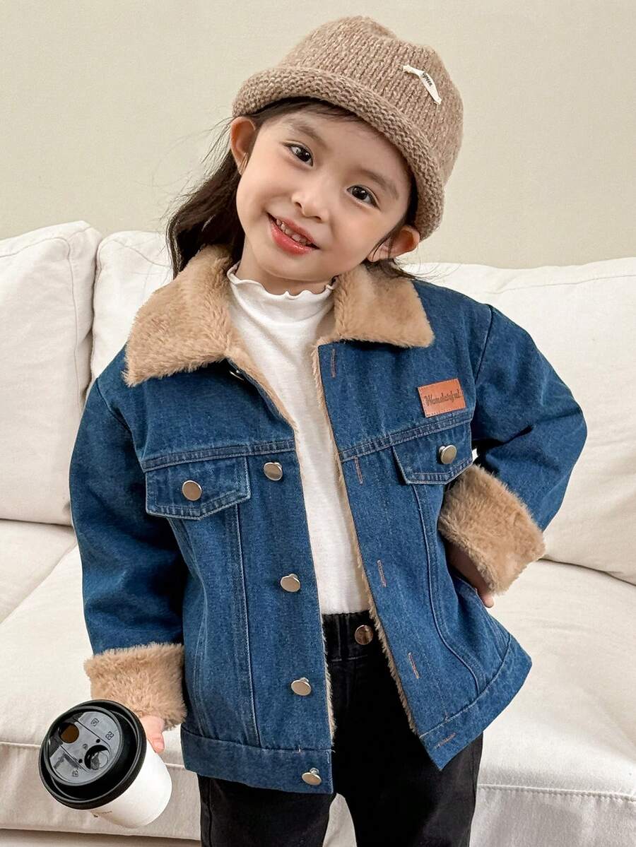 Genkimix Kids 少女秋冬新款时尚酷炫牛仔外套，加厚保暖翻领牛仔大衣，韩版冬季时尚