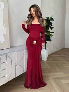 Jemour Off Shoulder Long Sleeve Maxi Dress Vacation Summer Spring Romantic Wedding Guest Holiday Beach Ibiza Fall Night Out Going Out, Church, Date Night - Burgundy - View 5