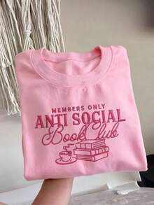 INAWLY 女式休闲字母与书籍刺绣圆领短袖 T 恤，夏季 - 粉色 - 查看 1