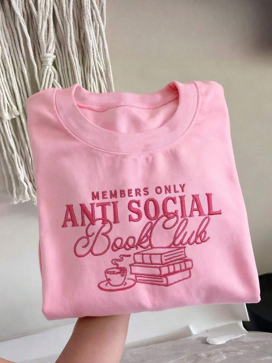 INAWLY 女式休闲字母与书籍刺绣圆领短袖 T 恤，夏季 - 粉色 - 查看 1