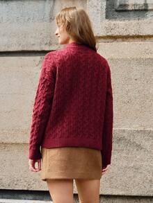 Écloséra Roupas femininas casuais, versáteis e elegantes, estilo francês vintage, para festas de outono/inverno, suéter vermelho com gola alta, manga comprida, ajuste solto e design floral em malha de corda, moda casual para negócios e festas modestas