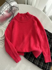 SHEIN 女童超大立领毛衣，红色百搭柔软面料，适合搭配各种衣服，秋冬必备，半立领长袖宽松版型，适合圣诞节、节假日和日常穿着 - 紅色 - 查看 3