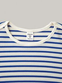 Joliand Joliand 2 件套年轻女孩都市优雅蓝白条纹船领长袖 T 恤和蓝色短裤套装，适合派对、郊游、日常穿着、返校、夏季、秋季