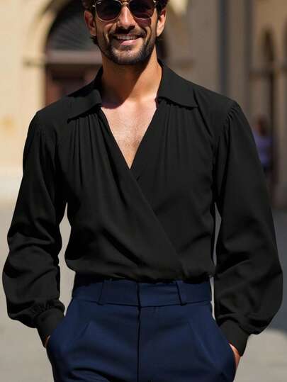 Manfinity AFTRDRK Herren Lässiges Alltagshemd mit Wickelkragen und Laternenärmeln, locker geschnitten, Frühling/Herbst Schwarzes Hemd für Männer, Schwarzes Businesshemd, Lässig Hemd für Männer, Geschenkidee für Freund/Ehemann, Jahrestags- oder Weihnachtsgeschenk