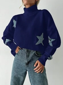 EURMUSE Women's Star Patterned High Neck Sweater - Navy Blue - View 4