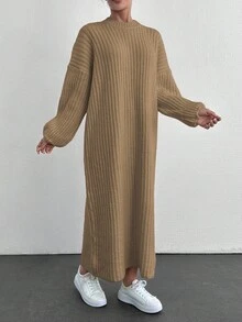 EURMUSE 女士纯色圆领长袖休闲长款针织毛衣连衣裙 - 駝色 - 查看 4