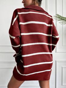EURMUSE Slouchy Drop Shoulder Zipper Half Placket Striped Sweater - Red - View 2