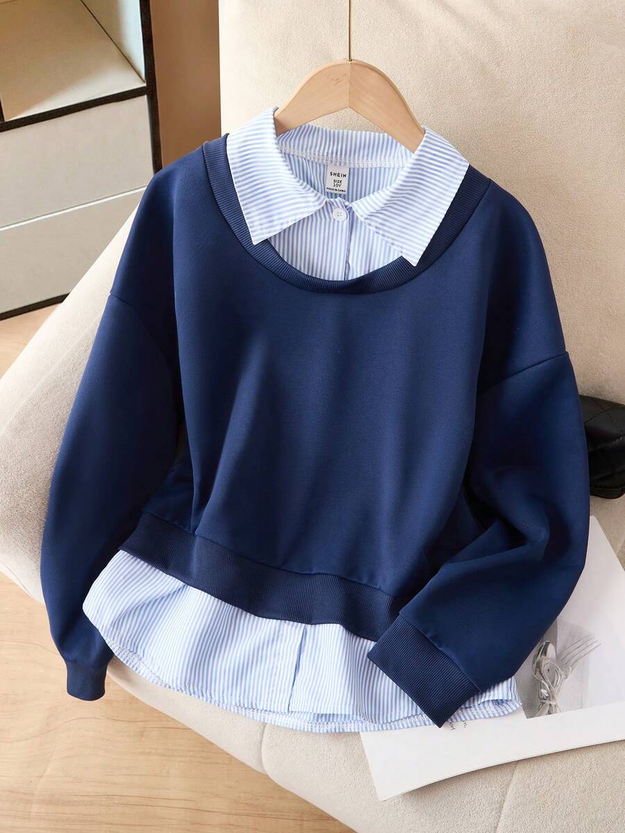 新款秋季简约时尚个性韩版百搭休闲女童卫衣 - 藏蓝色 - 查看 1