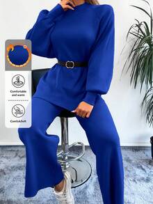 EURMUSE Mock Neck Raglan Sleeve Sweater & Knit Pants - Royal Blue - View 1