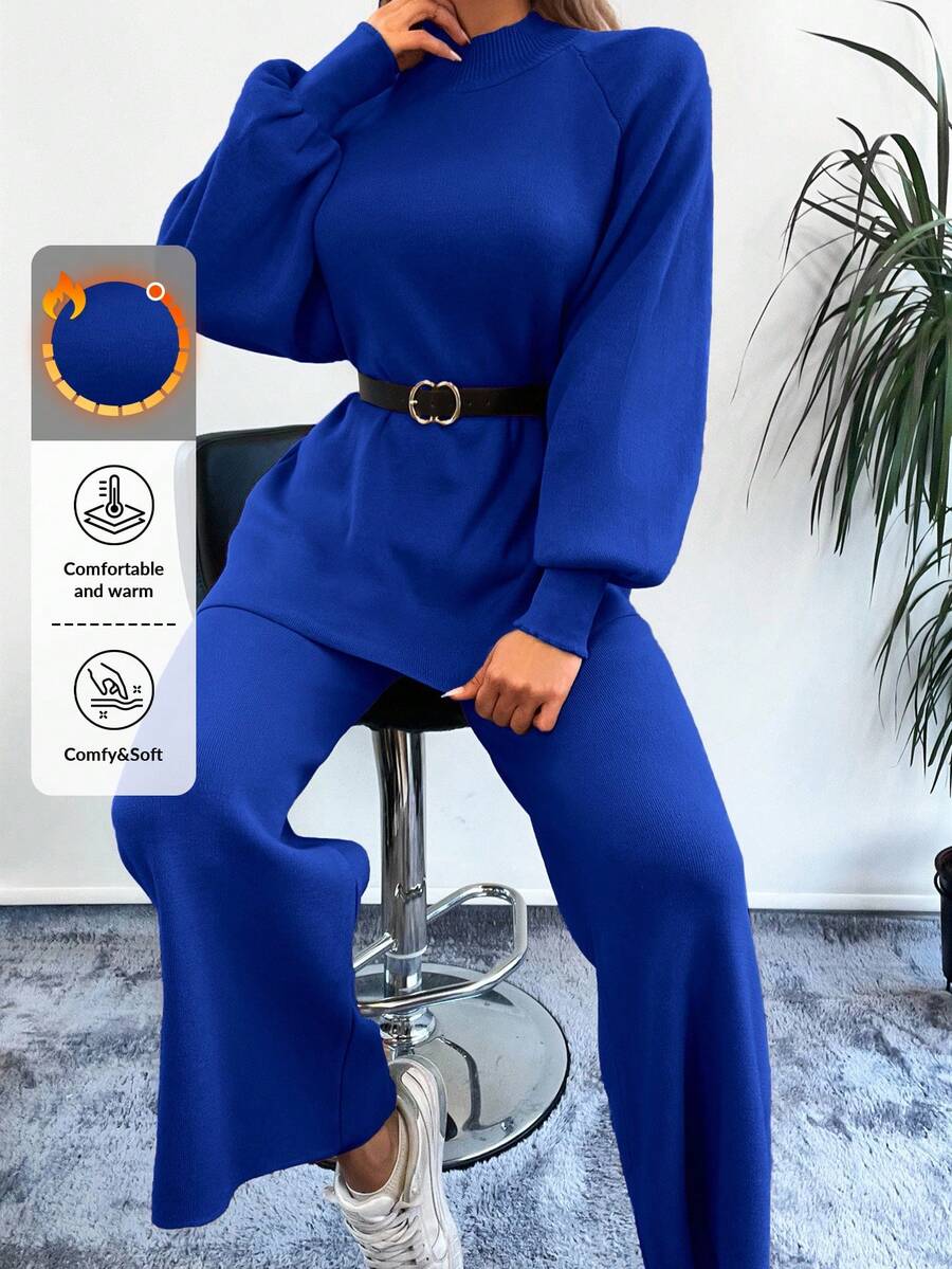 EURMUSE Mock Neck Raglan Sleeve Sweater & Knit Pants - Royal Blue - View 1