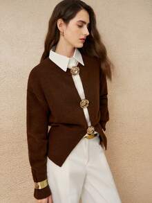 INAWLY Women's Fashionable & Elegant Floral Shaped Button Knit Cardigan - Brown - View 5