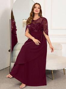 Ellevyn 大码女式优雅连衣裙，夏季长裙，带亮片刺绣，适合派对和聚会 - 酒紅色 - 查看 3