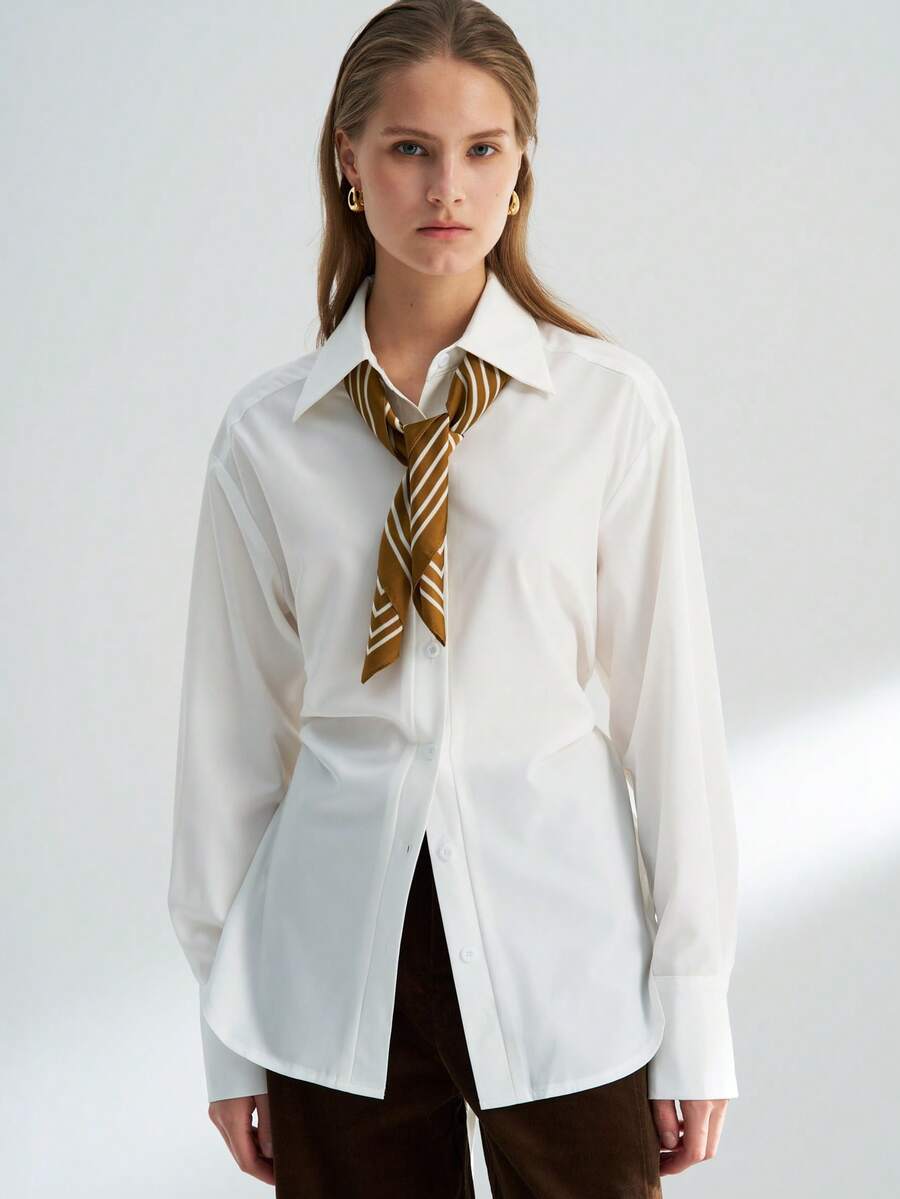 Airaco Damen Einfarbige Lässige Rückenfreie Bindegürtel Langarm Bluse, geeignet für Pendeln und Büromode, Frühling/Herbst - Weiss - Übersicht 1