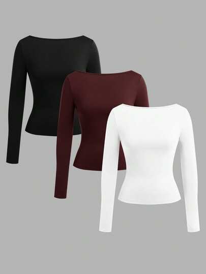 SHEIN BASICS 3 Stück/Set Lässig einfarbige Strick Boot-Ausschnitt Langarm Figurbetontes Damen T-Shirts